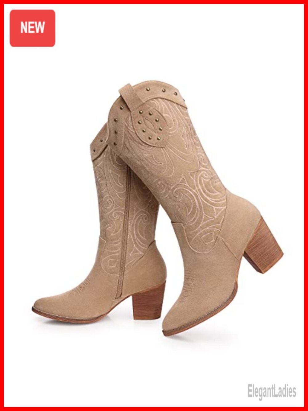 SHIBEVER Women's Faux Suede Western Cowboy Boots Pointed Toe Block Heel Mid-Calf